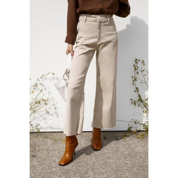 Zara Blogger Favorite Marine Straight High Waisted Flare Wide Leg Frayed Jeans - Picture 7 of 16